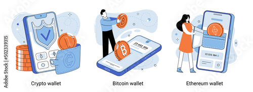 Crypto wallet metaphor. Concept of mobile payments. Bitcoin wallet connected mobile phone. Earning money to your e-wallet. Ethereum currency virtual money, online payment, electronic purse for paying