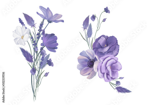 Fototapeta Naklejka Na Ścianę i Meble -  Purple watercolor flowers, bouquets isolated on white background
