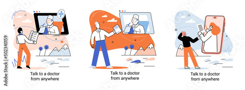 Online medical services mobile application consultation and prescription medicine professional doctor connecting and giving consultation for patient anywhere telemedicine metaphor, health care program
