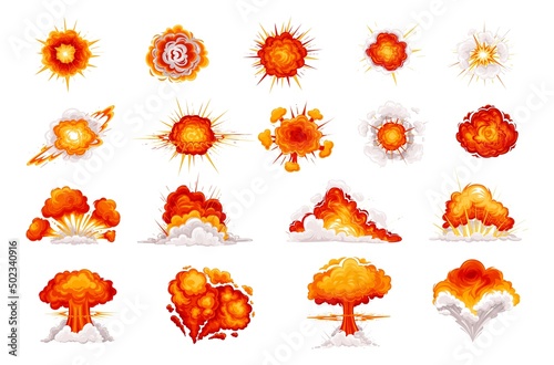 Bomb explosion and fire bang in cartoon cartoon. Red explode of bomb, explosions with dynamite clouds and flash. Explosion for animation, vector illustration.