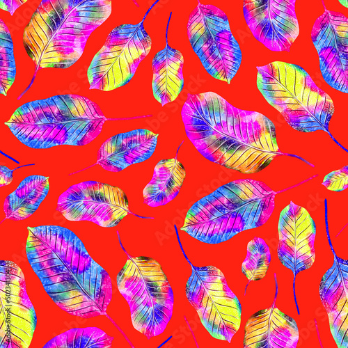 Watercolor seamless pattern with colorful abstract tropical leaves. Bright summer print with exotic plants. Creative trendy botanical textile design. © Natallia Novik