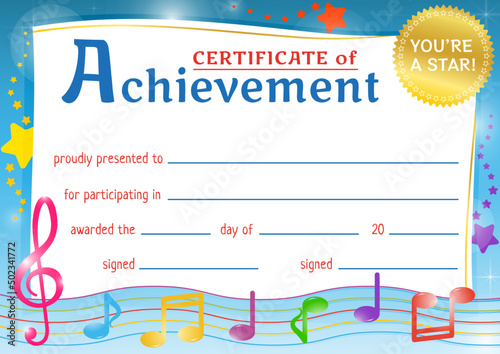 Certificate of achievement for kids. Award for wining in a music competition. Certificate of recognition for participating or excellence in a competition. 