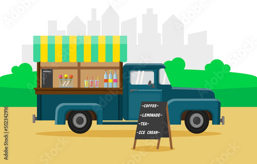 Vector illustration of food truck with drinks and ice cream in the summer park