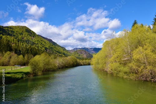 View of Sava river and slopes of Jelovica plateau in spring in Gorenjska, Slovenia