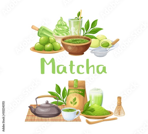 Matcha tea ceremony banners. Japanese traditional matcha powder green tea, whisk, bamboo spoon, green candy truffles, latte with coconut whipped cream, tea sprig with leaves and ets.