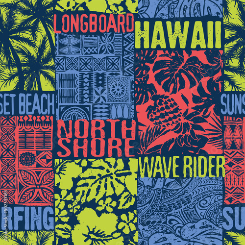 Hawaiian style hibiscus and tribal element fabric patchwork abstract vintage vector seamless pattern 