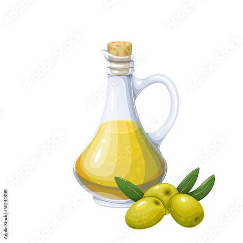 Olive oil glass jug pitcher jar bottle and green olives with leaves vector illustration
