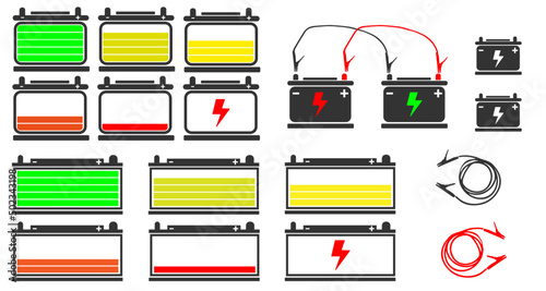 Set of car battery charge indicator from full to low to critical