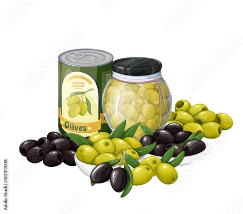 Green olives in glass jar, tin can and heap of green and black olives. Vector illustration snack of pickled olives