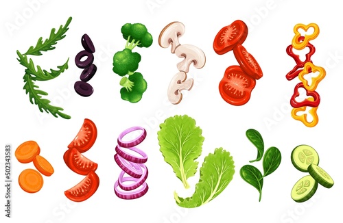 Flying or falling sliced vegetables, lettuce and greens. Tomatoes, arugula, olives, cucumbers, peppers, broccoli, champignons, etc. Concept Chopped vegetables for healthy cooking vector illustration.