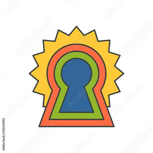 Abstract explosion angled rainbow lock key hole pop art groovy t shirt print vector cartoon