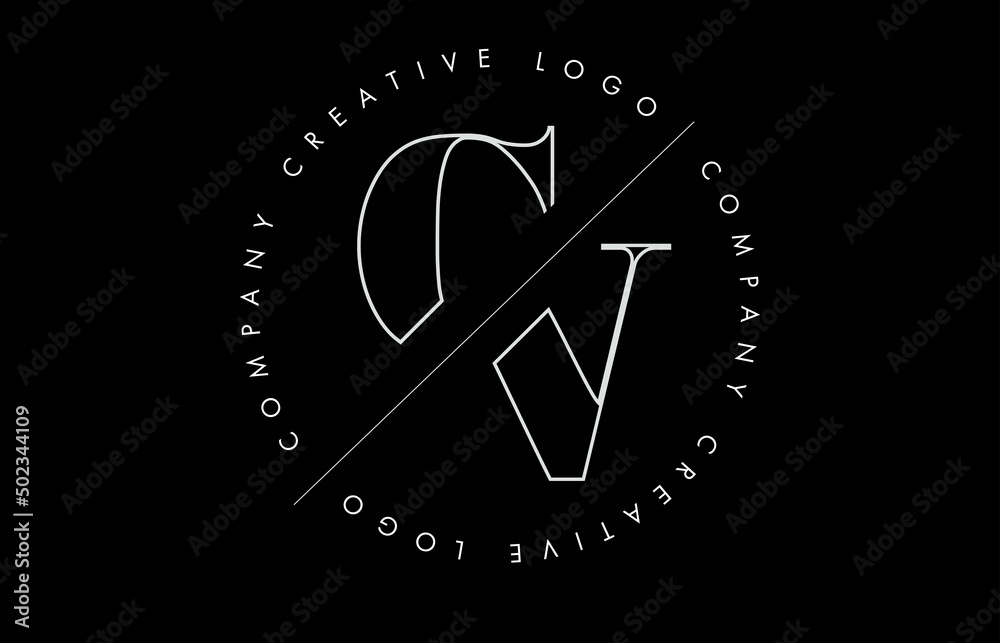 White Outline CV c v Letter Logo with Cut and Intersected Design and circled frame on black background. White Outline CV c v Letter Logo with Cut and Intersected Design and circled frame on black background.