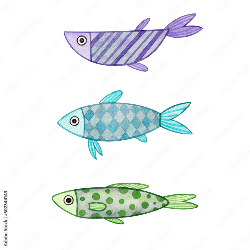Set with colored fish on a white background. Watercolor illustration. Ocean. Collection. Underwater world. Sea. Water. Handmade work. Art. Design. Cute. Beautiful. Geometric patterns. 