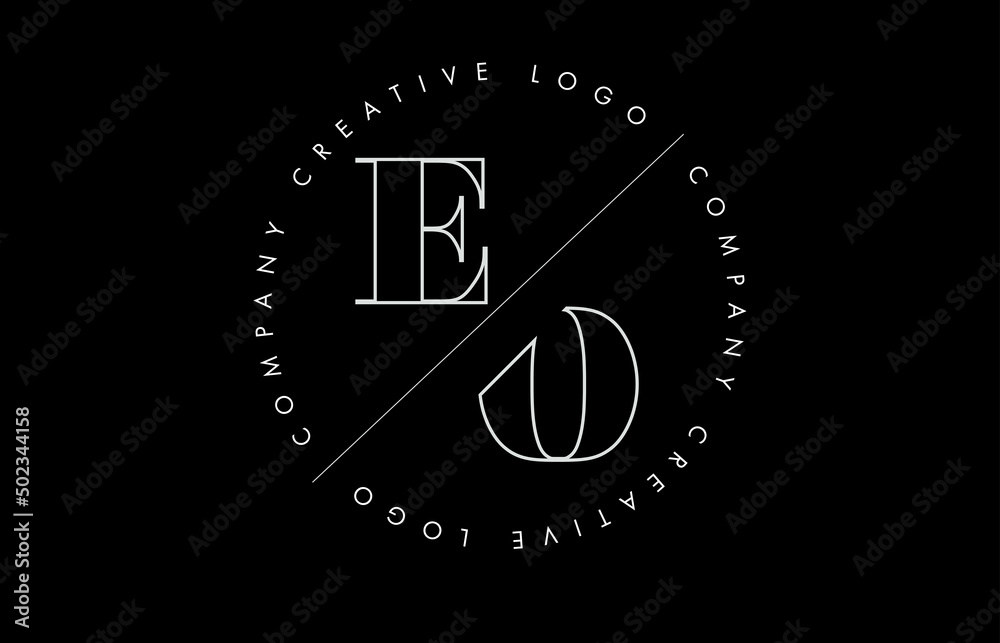 White Outline EO e o Letter Logo with Cut and Intersected Design and circled frame on black background.