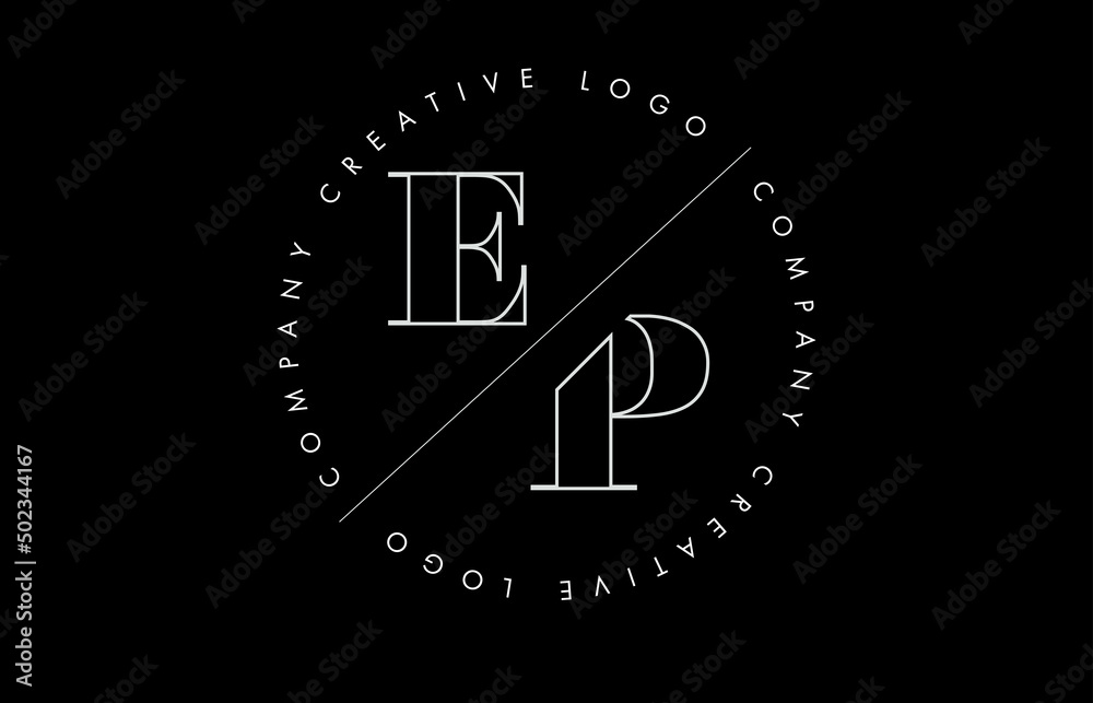 White Outline EP e p Letter Logo with Cut and Intersected Design and circled frame on black background.