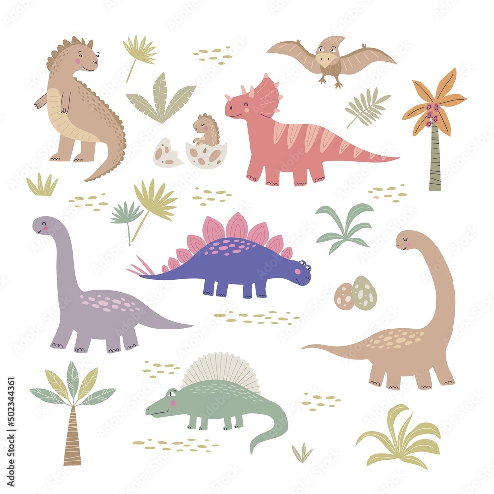 Fototapeta premium Set of cute dinosaur vector illustrations . Prehistoric lizard collection isolated on white background. Hand drawn cartoon characters reptiles