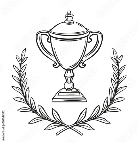 Goblet and laurel, outline label. Drawn monochrome trophy cup or sport award. Chalice winner, triumph first place and laurus, simple engraving style vector illustration.