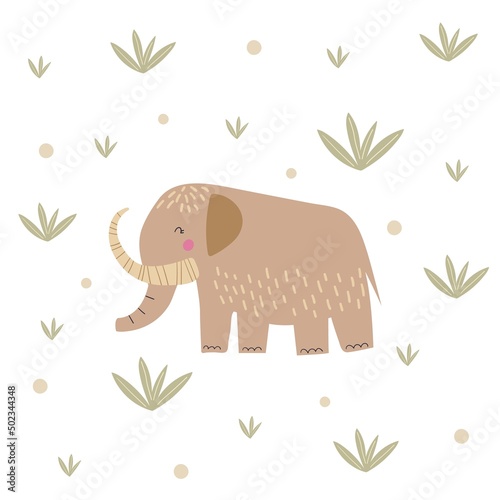 Cartoon cute mammoth and plants isolated on white background. Funny prehistoric elephant vector illustration. Stone age kids poster