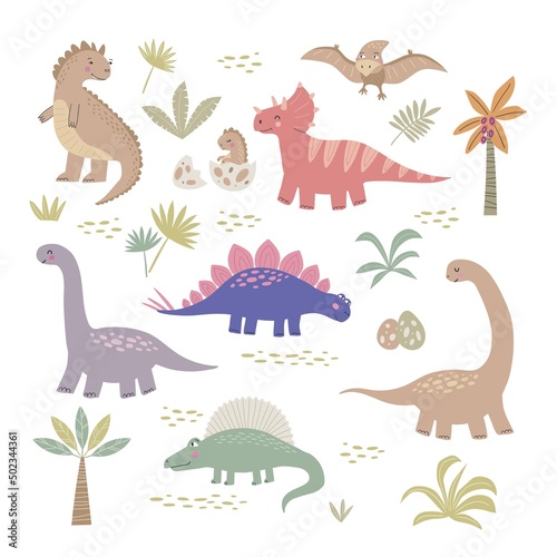 Set of cute dinosaur vector illustrations . Prehistoric lizard collection isolated on white background. Hand drawn cartoon characters reptiles