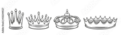 Crowns outline icons set. First place winner, royal jewelry and wealth. Drawn monochrome of triumph first simple vintage engraving style.