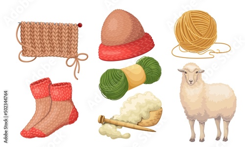 Knitting, merino hat, wool with wooden spindle, merino sheep and wool skeins. Wool knitting concept. Vector illustration.