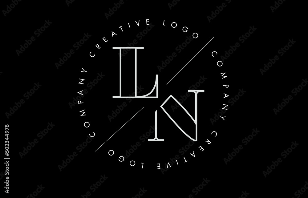 White Outline LN l n letter logo with cut and intersected design and round frame on a black background. White Outline LN l n letter logo with cut and intersected design and round frame on a black background.