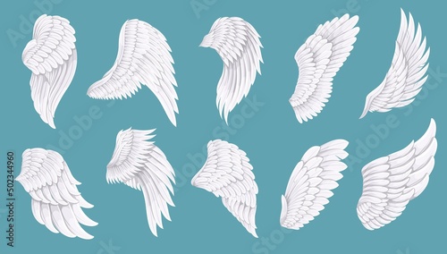 White bird wings set. Angel style large wings vector illustration.