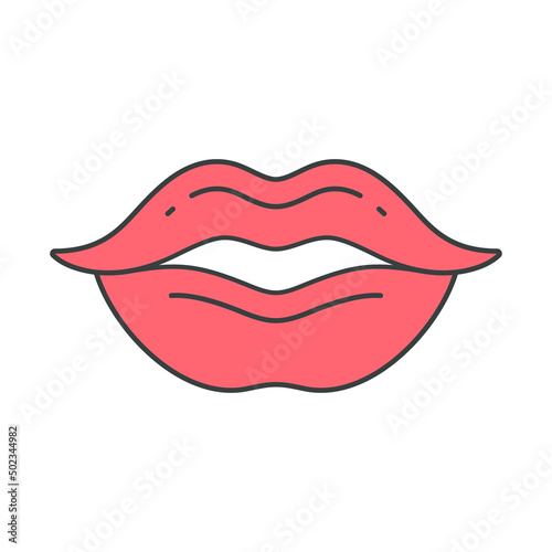 Pleasant pink lipstick female mouth seductive kiss pop art groovy t shirt print decorative design vector cartoon