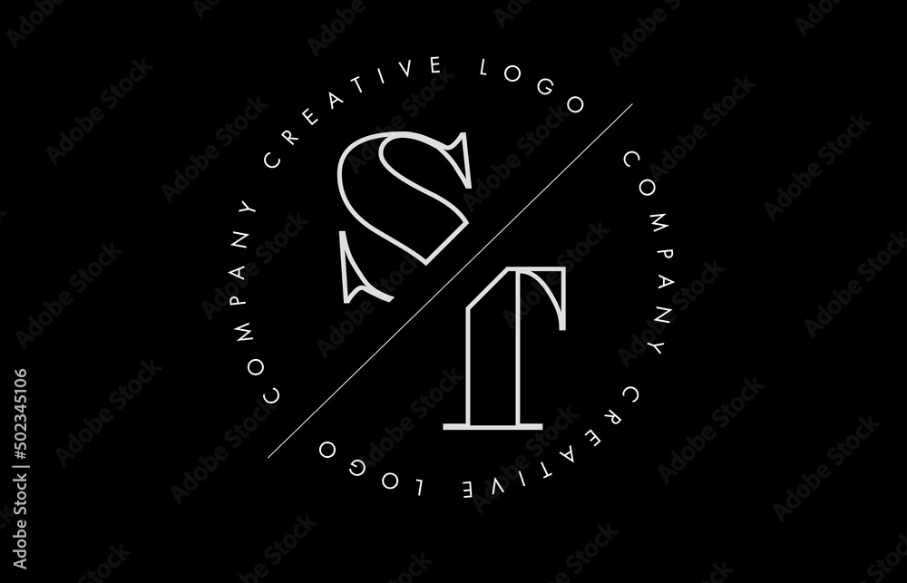 Outline ST s t letter logo with cut and intersected design and round frame on a black background. Outline ST s t letter logo with cut and intersected design and round frame on a black background.
