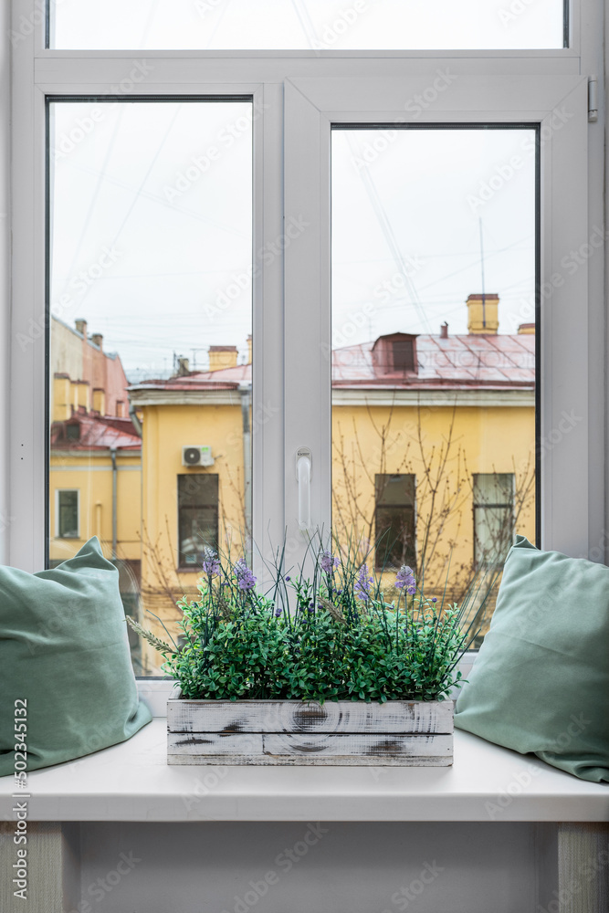 Window sill with turquoise-colored pillows and peas with a houseplant overlooking the old house through the window.