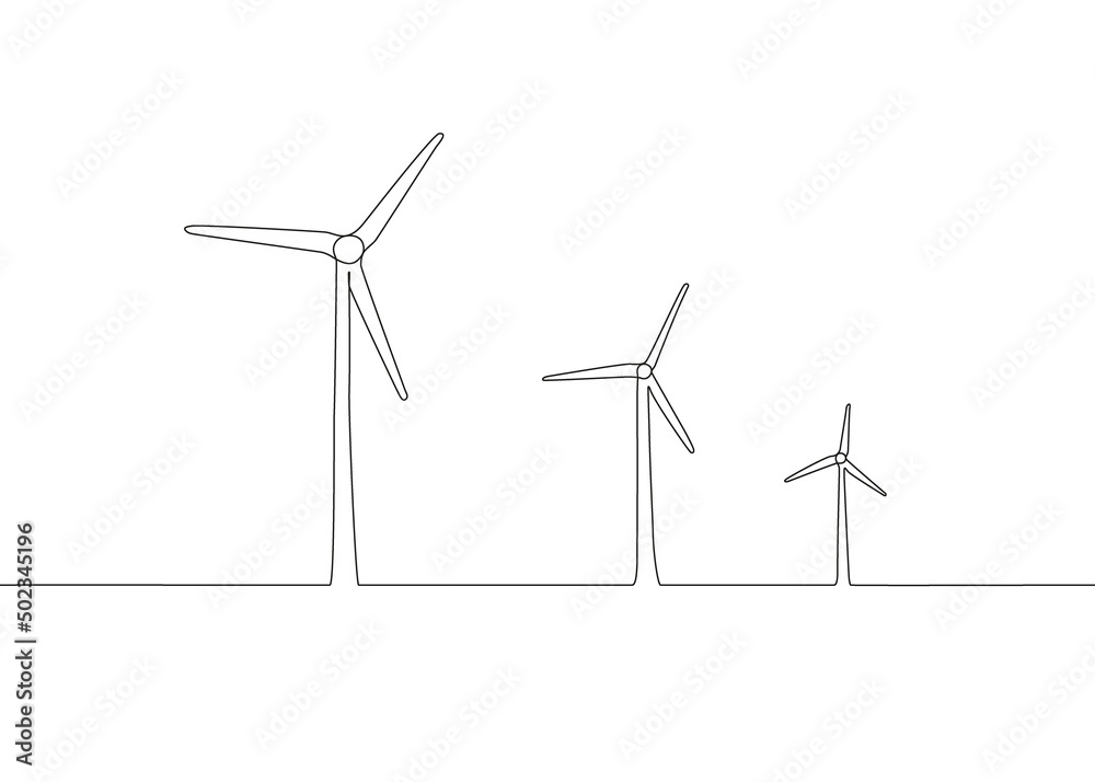 Wind mill, wind generator energy, single continuous line art drawing. Windmill tower save ecology green energy electricity. Landscape with generate wind turbines. Vector one outline illustration Wind mill, wind generator energy, single continuous line art drawing. Windmill tower save ecology green energy electricity. Landscape with generate wind turbines. Vector one outline illustration