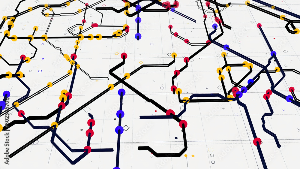 Color digital map of urban routes. Animation. Beautiful modern city map with colored roads and points on white background. Moving lines of urban traffic with signs on map