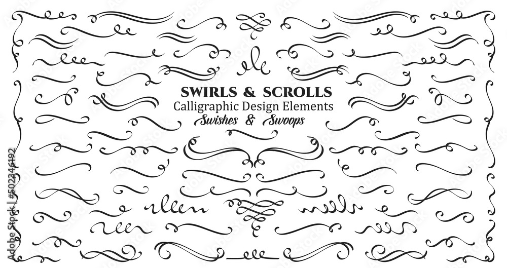 Swirls or scrolls, vintage flourishes, stroke and curls. Swishes, swashes or swoops. Calligraphic line, wedding dividers text and calligraphy ornament ink vector design elements.