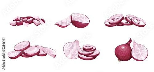 Heaps red onions sliced to cubes and circle, slices sliced. Whole red onion and half. Vegetables ingredient for cooking food, vector illustration.