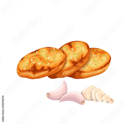 Crunchy garlic bread with garlic cloves. Vector illustration of fried french baguette