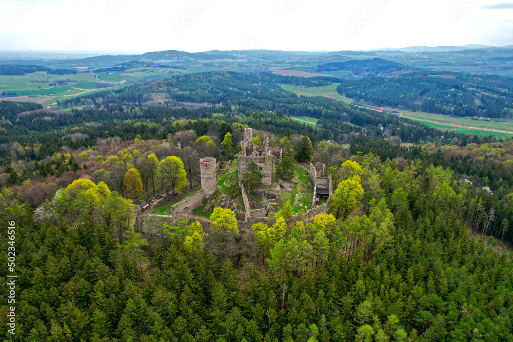 “Helfenburk u Bavorova” castle ruins aerial view in Czech Republic Europe