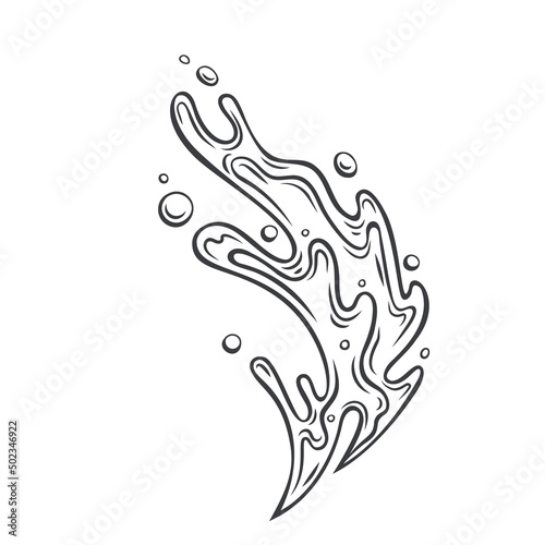 Ocean wave outline. Drawn monochrome sea waves tide splash, splash water motion, with spray, marine surf wave, and sea storm elements, vector illustration in retro style.