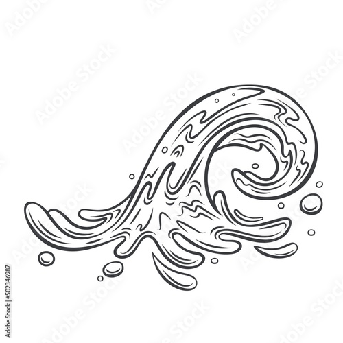 Ocean wave outline. Drawn monochrome sea waves tide splash, splash water motion, with spray, marine surf wave, and sea storm elements, vector illustration in retro style.