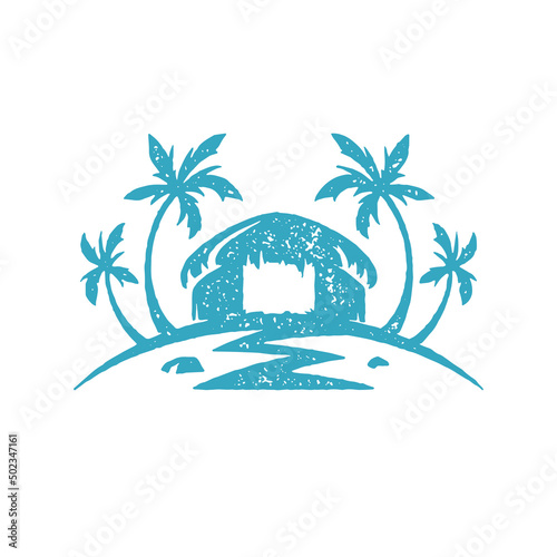 Tropical nature island bungalow surrounded by palm trees blue hand drawn grunge texture vector