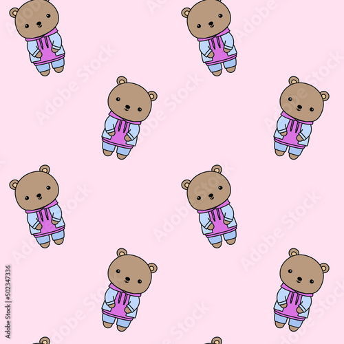 Cute bear in jeans jacket and hoodie vector seamless pattern illustration