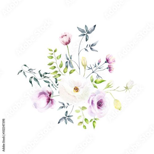 Fototapeta Naklejka Na Ścianę i Meble -  Background with watercolor flowers,floral illustration. Botanic composition for wedding or greeting card.For Mother's Day, wedding, birthday, Easter, Valentine's Day.
