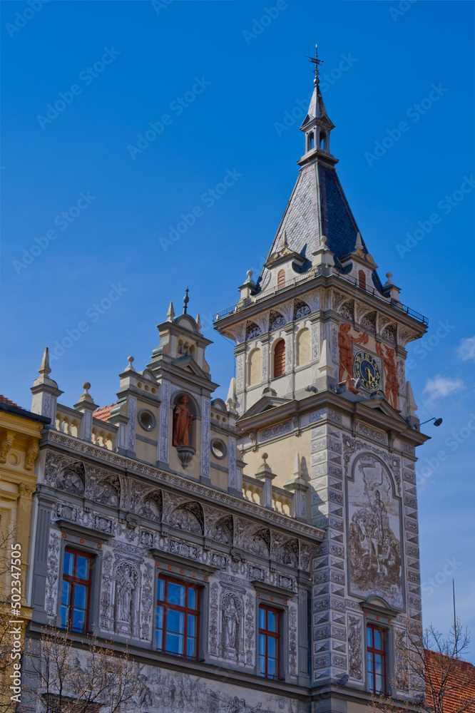 “Prachatice” town hall historic tower on the square of South Bohemia