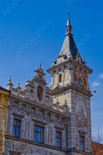 “Prachatice” town hall historic tower on the square of South Bohemia