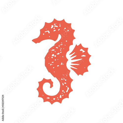 Cute minimalist seahorse with curved tail fin natural ocean habitat red hand drawn grunge texture