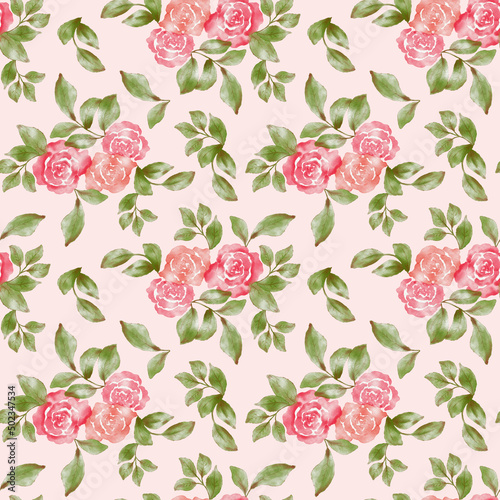 Wallpaper Mural Seamless pattern with rose flowers and leaves. Floral background with roses. Flowers are drawn by hand. Illustration for wallpaper, textiles and stationery. Roses on a pink background. Torontodigital.ca