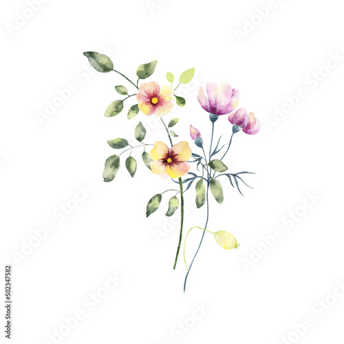 Background with watercolor flowers,floral illustration. Botanic composition for wedding or greeting card.For Mother's Day, wedding, birthday, Easter, Valentine's Day.