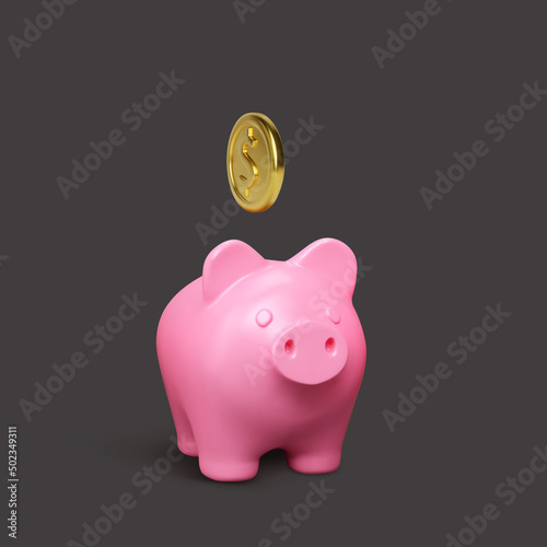 Pink pig piggy bank on dark background. Money creative business concept. Realistic 3d design gold coins. Safe finance investment or financial services