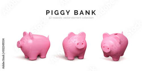 Realistic 3D piggy bank set. Pink pig isolated on white background. Piggy bank concept of money deposit and investment