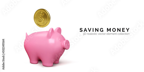 Piggy bank financial and business concept. Realistic pink pig with falling gold coin. Finance investment banner. Savings money