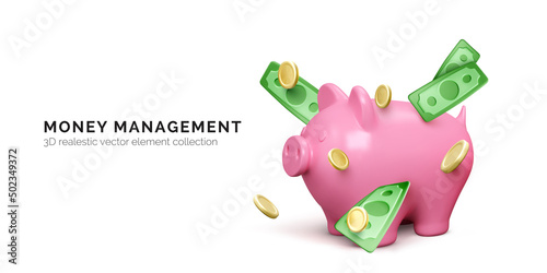 Pink piggy bank and falling green paper money and gold coins. Finance investment banner isolated on white background. Save money concept